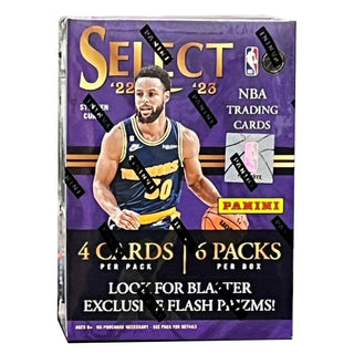 2022-23 Panini Select Basketball Blaster With 4 cards per pack and 6 packs per box, you won't want to miss out on blaster exclusive Flash Prizms or retail exclusive Ultra-Rare Tiger Prizms. Get amped for 6 inserts or Prizm parallels per box, on average! Find the treasure you seek with the blaster box today!