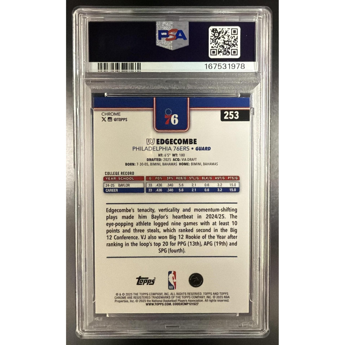 2025-26 Topps Chrome VJ Edgecombe #253 X-Fractor RC PSA 10