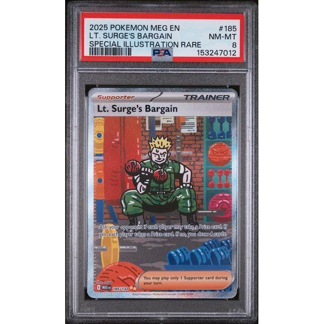 2025 Pokemon MEG English #185 LT. Surge's Bargain SIR PSA 8