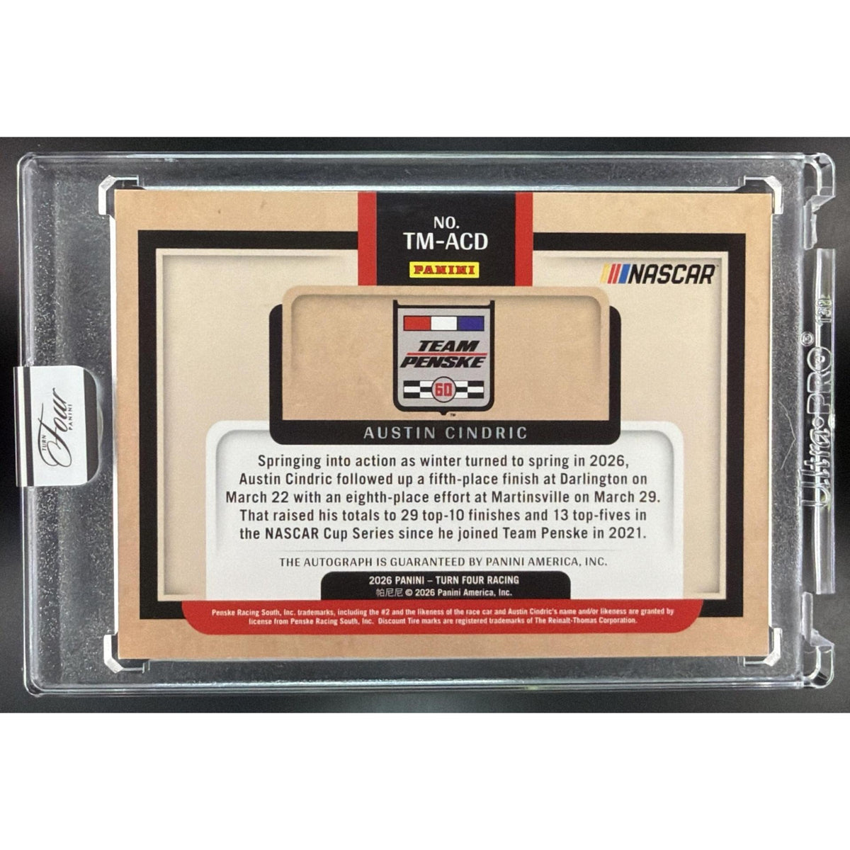 2026 Panini Four Racing Austin Cindric #TM-ACD Team Icons Signatures 76/99 Non-Graded