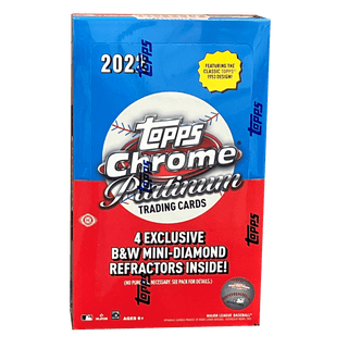 Revel in the glory of 2022 Topps Chrome Platinum, a grand ode to the 1953 Topps design, with stars from yesteryear, today, and tomorrow, decked out in metallic splendor! Collect the entire 500 card Base Set, as well as an extended set of colorful and patterned chrome parallels!  Find 4 exclusive black and white mini-diamond parallels per Hobby LITE Box!