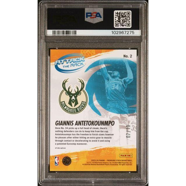 2023 Hoops Premium Stock #2 Giannis Antetokounmpo Attack the Rack Gold Disco Prizm 07/10 PSA 10