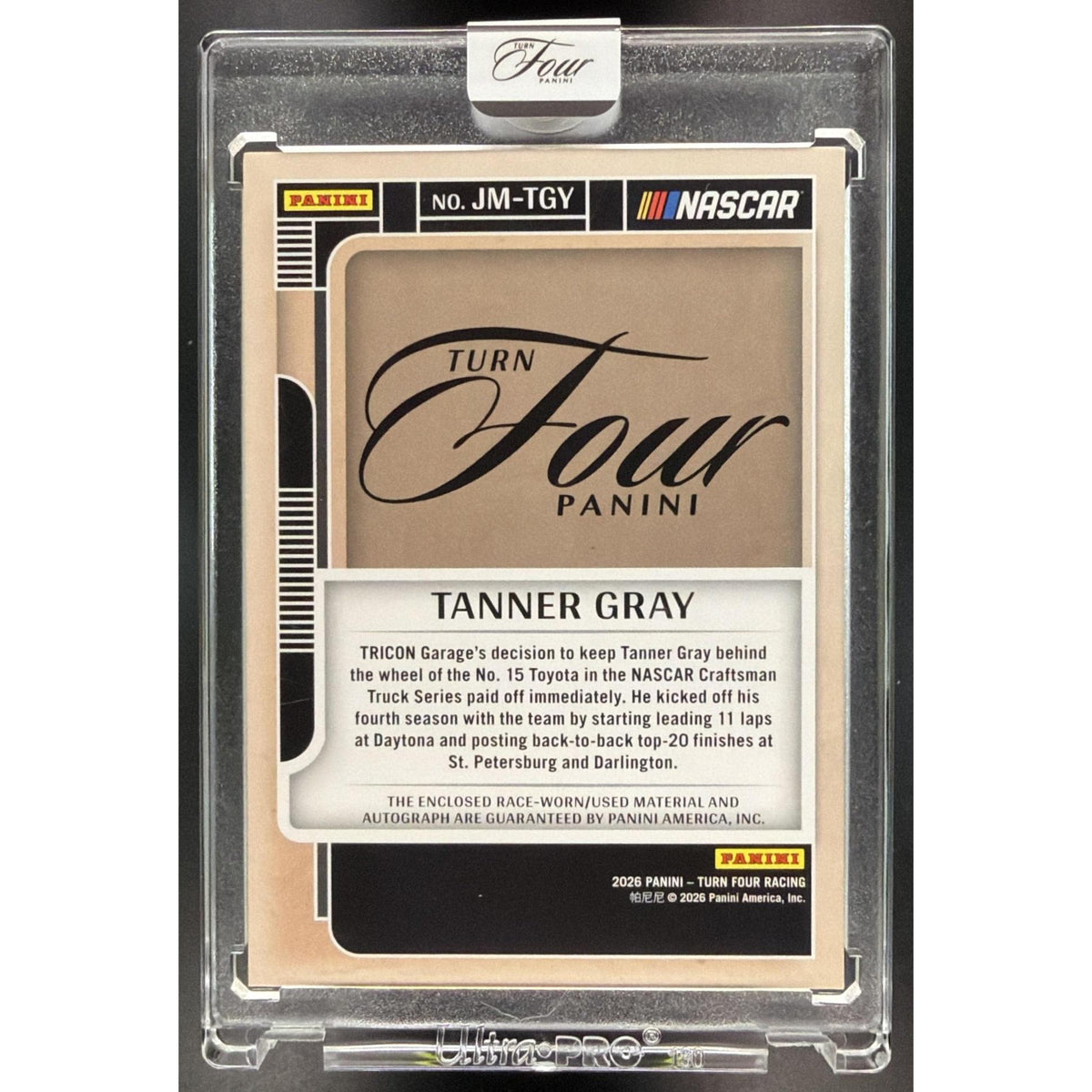 2026 Panini Turn Four Racing Tanner Gray #JM-TGY Jumbo Memorabilia Autograph Numbered 5/5 Non-Graded