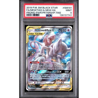 FA/Mewtwo & Mew GX 2019 P.M. SM Black Star Promo-PWR.PRTNSHP.TINS #SM191 PSA 9