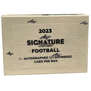 Introducing 2023 Leaf Signature Series Football—the ultimate collectible for die-hard sports fans! Every box contains a super-rare 1-of-1 signed card from some of the most legendary players, both present and past. Get your hands on XRCs and ARC rookie cards, and amp up your collection with this totally unique set!  1 Card per Box