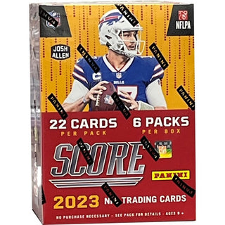 Power up your collection with the 2023 Score Football Blaster Box! Inside you'll find 22 cards per pack, and 6 packs per box. Find 6 parallels including 1 numbered parallels per box, on average! Go for the ultra-rare inserts, including All-Hands Team, Top 100, and HARDSCORE cards. Get your box today and level up your collection!