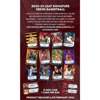 Score big with one Signature Series Basketball 1/1 Autograph Card per box! Leaf's new release for 2022-23 is a slam dunk - with first time ever XRC and ARC rookie cards. Don't let it pass you by!