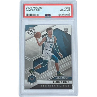 Get a piece of basketball history with this incredible LaMelo Ball Charlotte Hornets 2020 Mosaic Rookie Card. PSA 10 rating and Card# 262, it's a must-have for any collector. Celebrate LaMelo's NBA debut on December 23rd with this unique piece of memorabilia!