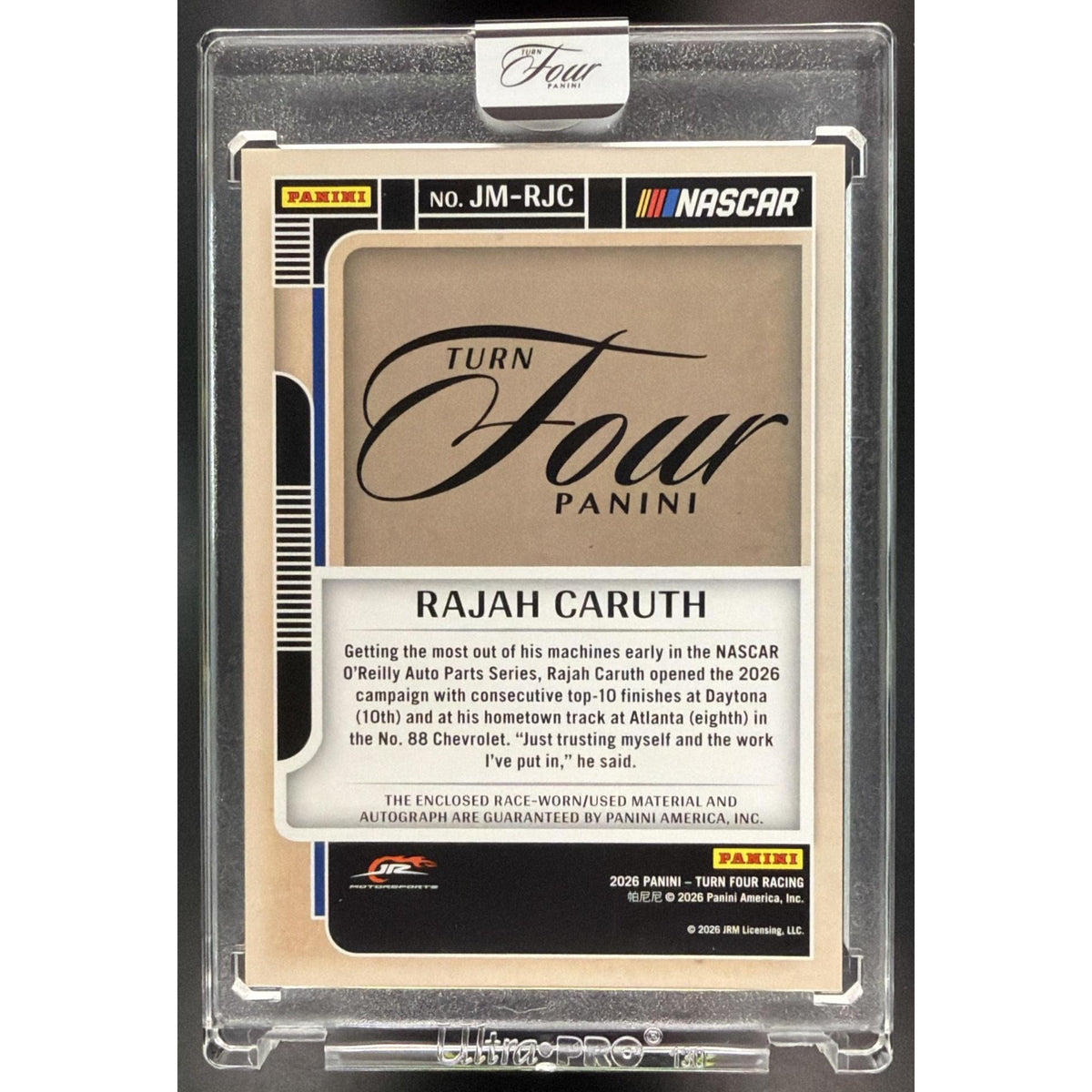 2026 Panini Turn Four Rajah Caruth #JM-RJC NASCAR Numbered 3/5 Non-Graded