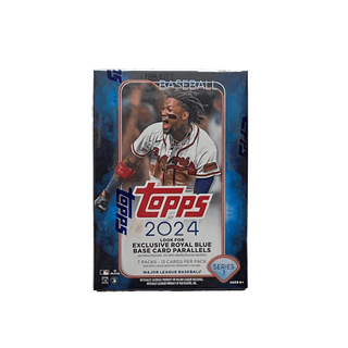 2024 Topps Series 1 Baseball Blaster. Look for exclusive Royal Blue Base Card Parallels. This box contains 7 packs per box , 12 cards per pack.