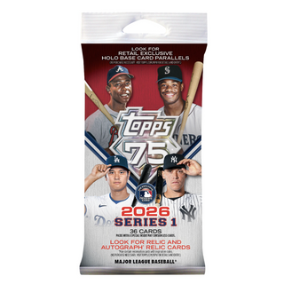 Topps 75th Anniversary baseball trading card pack featuring commemorative design celebrating 75 years of Topps baseball cards. 36 cards per pack.