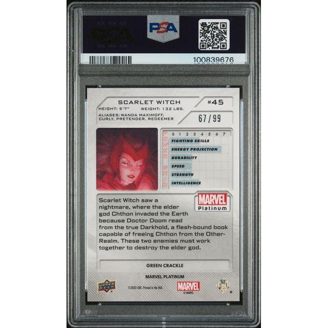 2023 Upper Deck Marvel Platinum #45 Scarlet Witch Green Crackle PSA 10