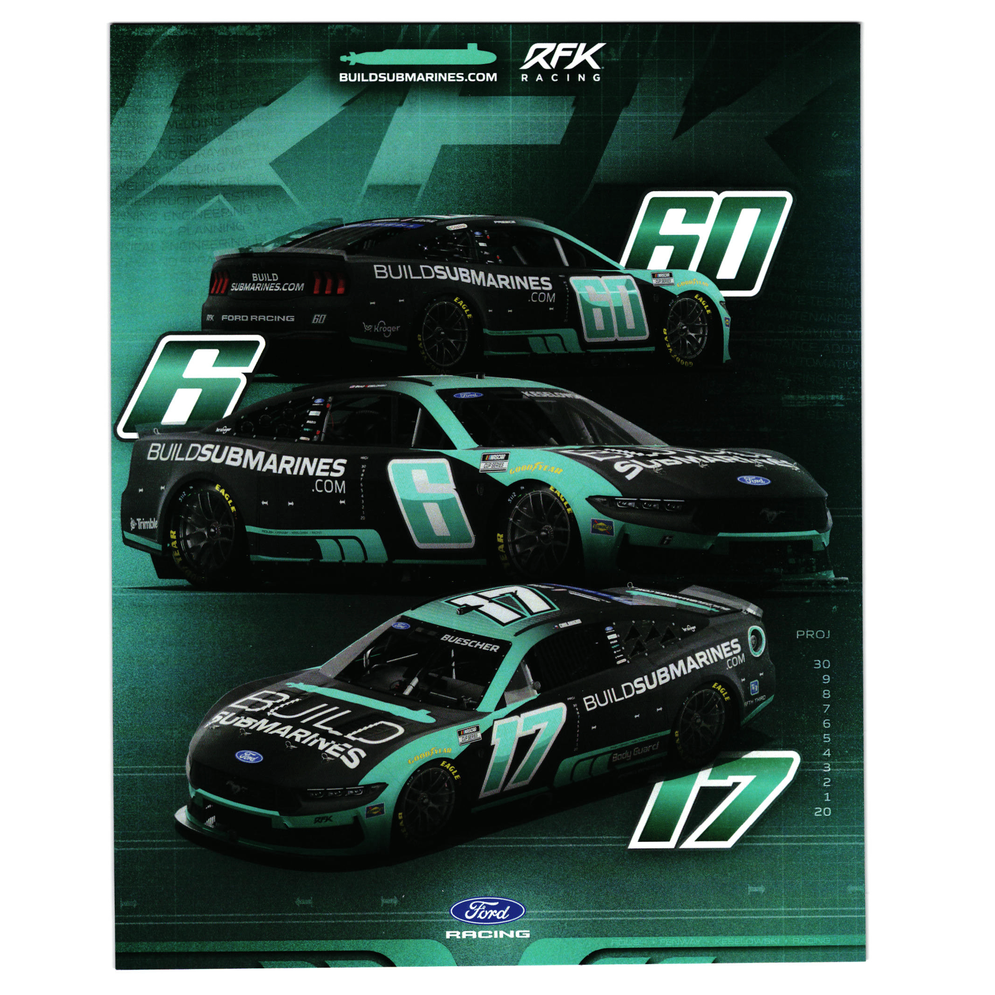 Brad Keselowski #6, Chris Buescher #17, Ryan Preece #60 RFK Racing Hero Card