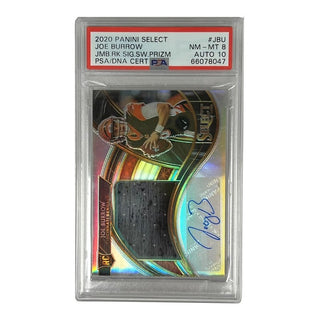 Show your support for the young phenom Joe Burrow with this 2020 Panini Select Rookie Signature Prizm #JBU PSA 8 Numbered 15/49. This ultra-rare card offers bold colors and incredible sharpness, perfect for any football card aficionado. Show your team spirit today!
