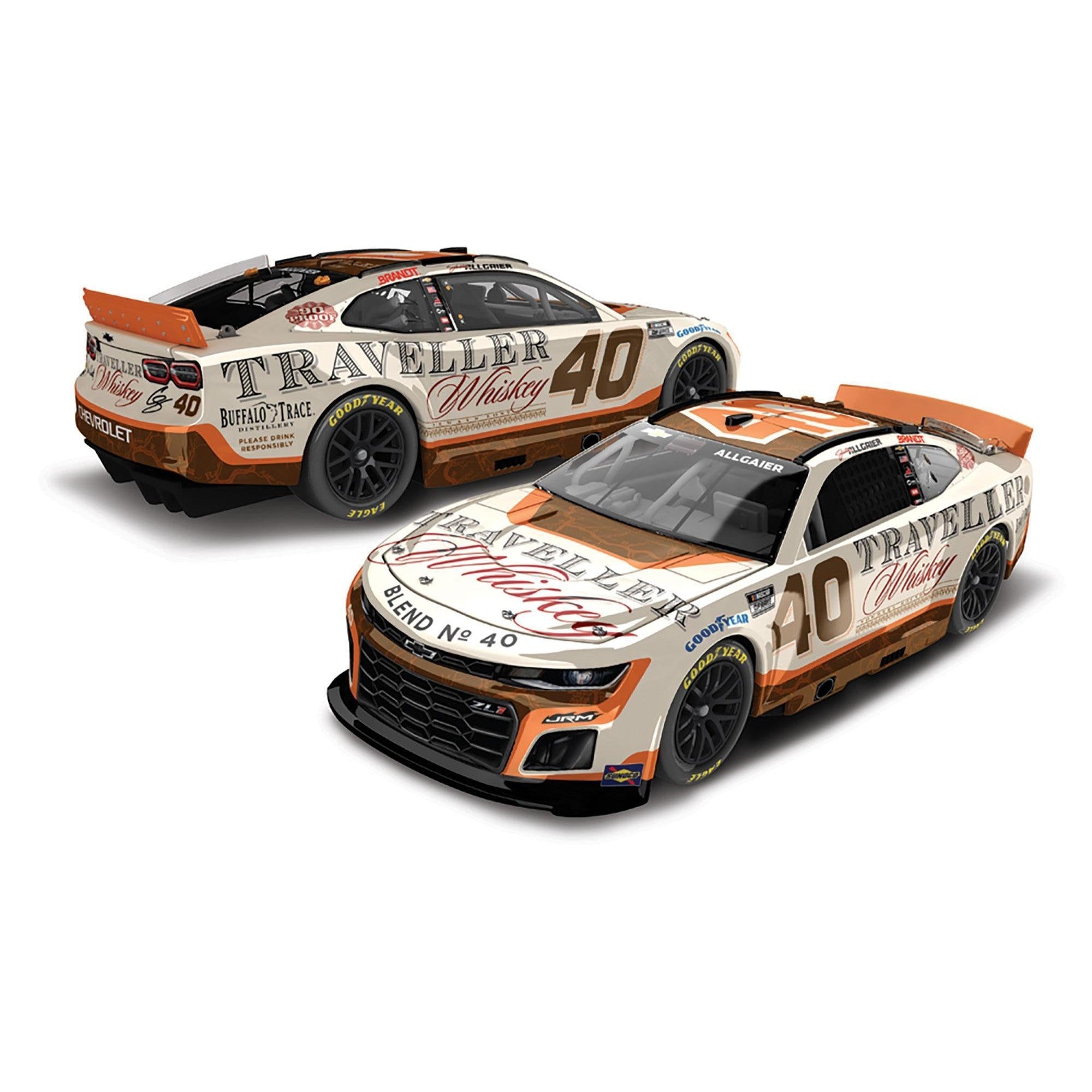 Diecast: Justin Allgaier #40 2025 Dual Autographed Traveller Whiskey w/Sound Base Race Version 1:24 Scale