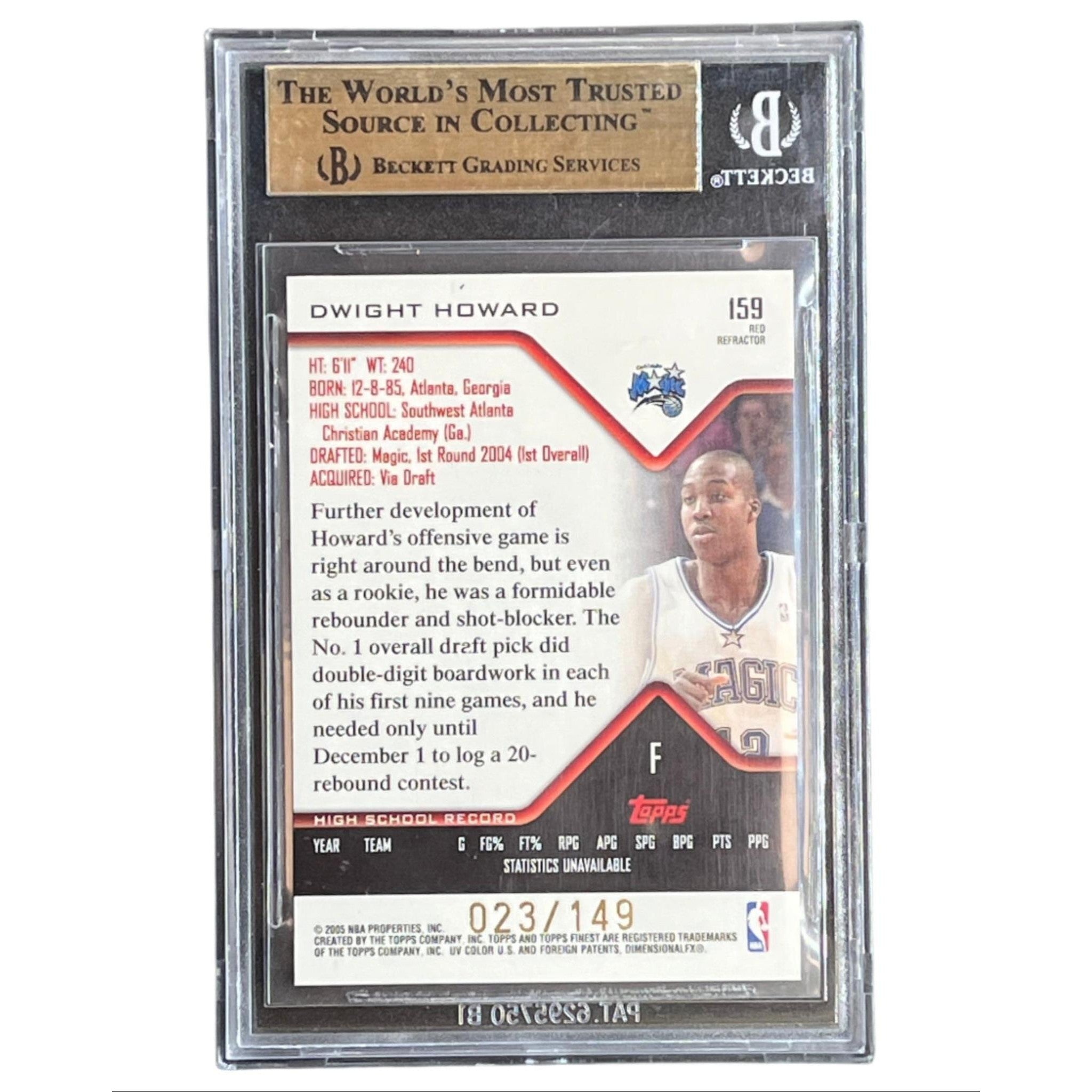 Dwight Howard 2004-05 Topps Finest Red Refractors #159 Beckett 10