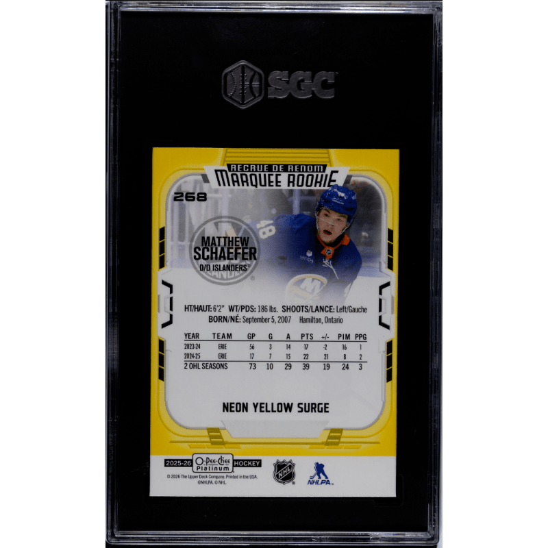 2025-26 O-Pee-Chee Platinum #268 Matthew Schaefer Neon Yellow Surge SGC 10