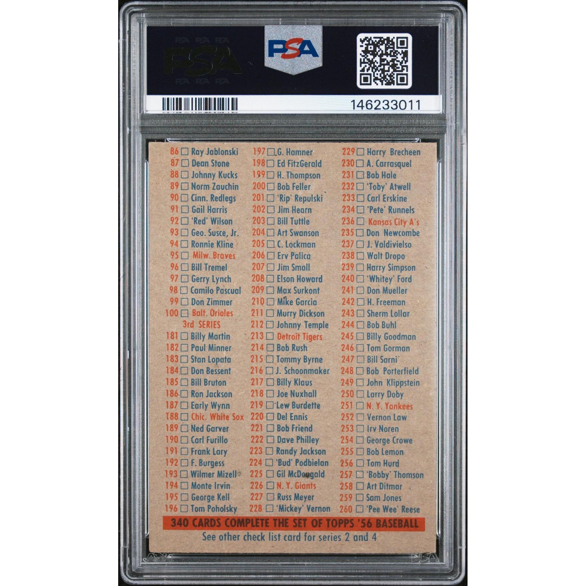 Checklist 1/3 1956 Topps PSA 4