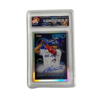 Slam some home runs with Vladimir Guerrero Jr's 2022 Bowman's Best UFO Autograph #UFOA-VG HGA 9.5., numbered 040/100. Take a swing at this limited edition collectible.