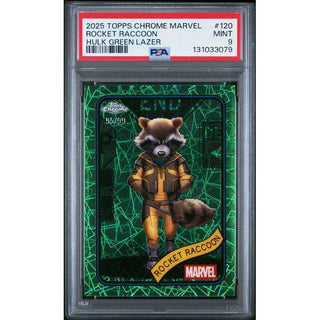 Rocket Raccoon 2025 Topps Chrome Marvel Hulk Green Lazer #120 – PSA 9