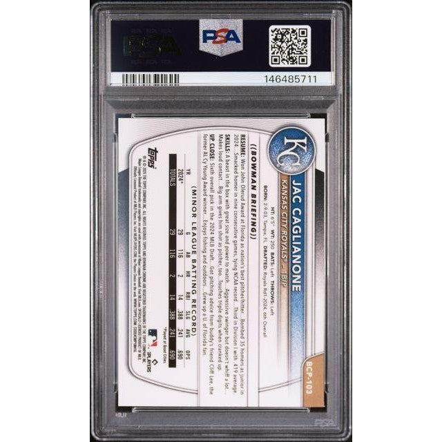2025 Bowman #BCP103 JAC Caglianone Chrome Prospect Reptilian Refractor PSA 9