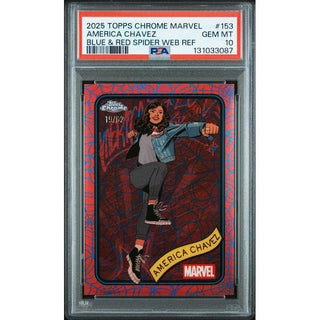 America Chavez 2025 Topps Chrome Marvel Blue & Red Spider-Web Refractor #153 – PSA 10 19/62