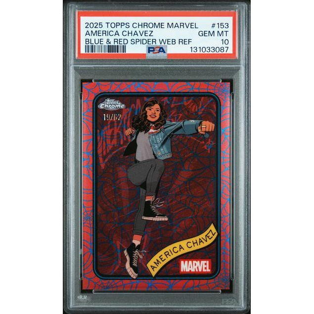America Chavez 2025 Topps Chrome Marvel Blue & Red Spider-Web Refractor #153 – PSA 10 19/62