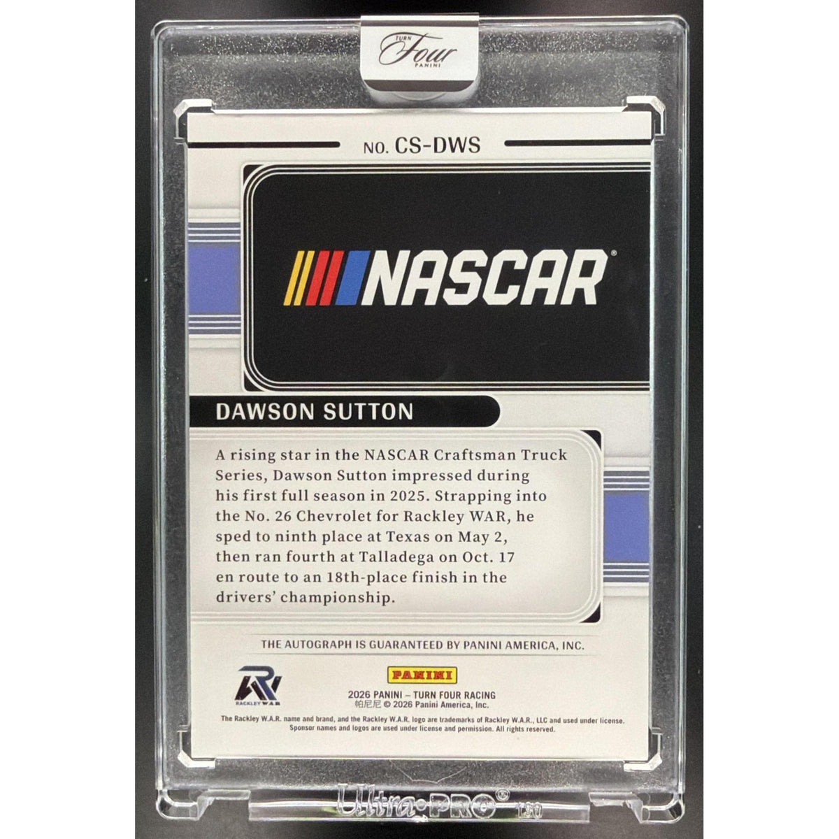 2026 Panini Turn Four Racing Center Stage Dawson Sutton #CS-DWS Autograph 12/99 Non-Graded