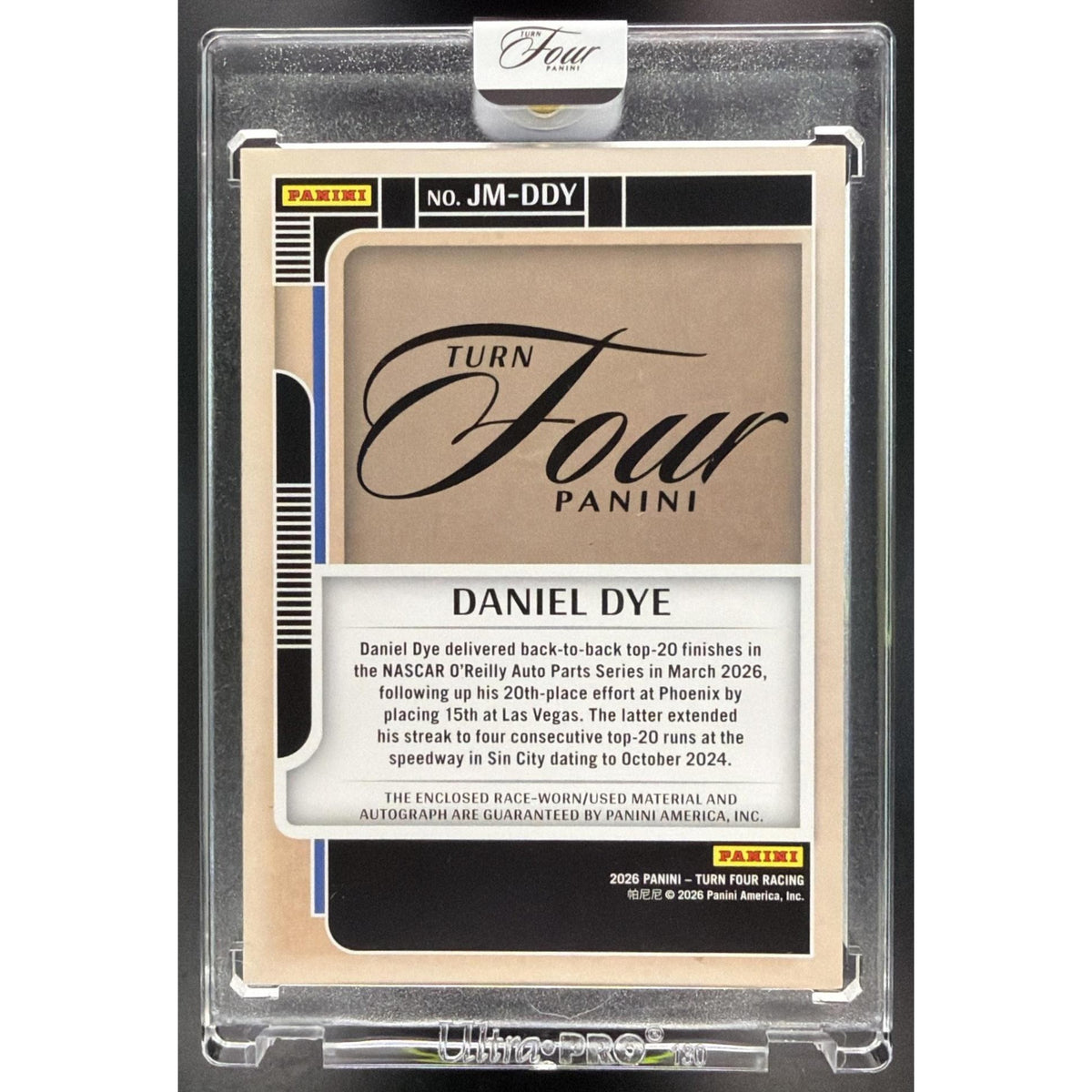 2026 Panini Turn Four Racing Daniel Dye #JM-DDY Jumbo Memorabilia Auto 10/35 - Non-Graded