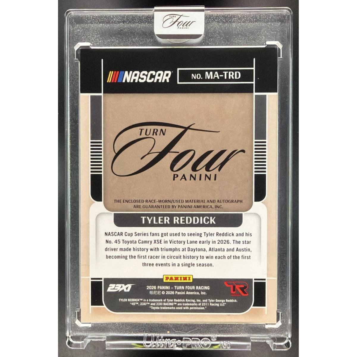 2026 Panini Four Racing Tyler Reddick #MA-TRD Memorabilia Autographs 08/10 Non-Graded