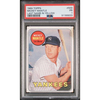 Mickey Mantle 1969 Topps Last Name in Yellow #500 PSA 1