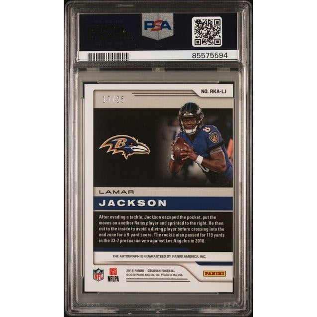 2018 Panini Obsidian Rookie Autographs #RKALJ Lamar Jackson Rookie Auto-E/E Orange PSA 9