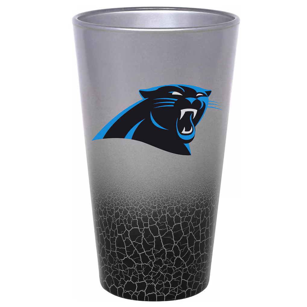 Carolina Panthers 16 oz Drinking Glass with Silver & Black Crackle Design