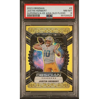 Justin Herbert 2023 Panini Obsidian Supernova Asia Gold Flood #8 – PSA 8