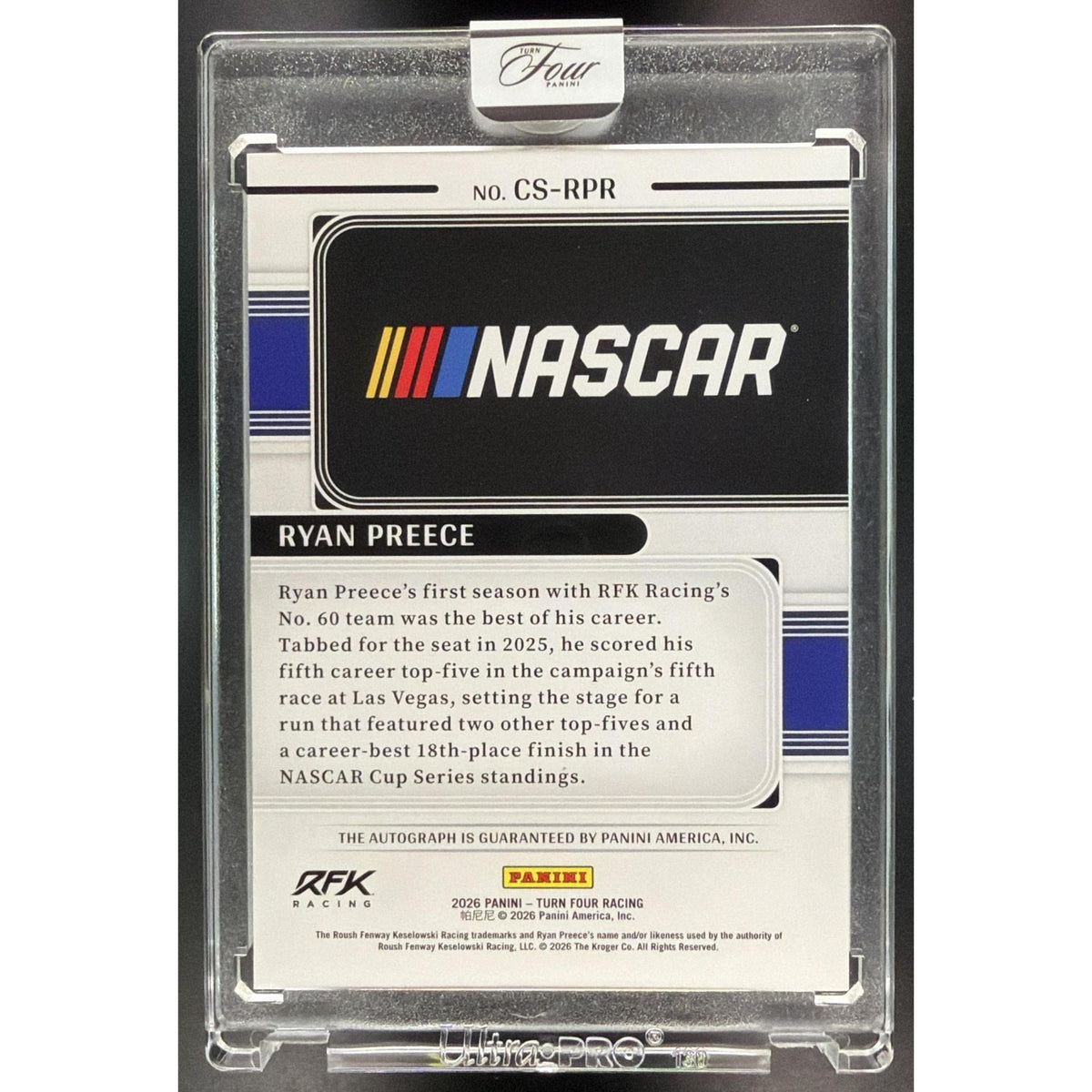 2026 Panini Turn Four Racing Center Stage-Purple Ryan Preece #CS-RPR Autograph 17/25 Non-Graded