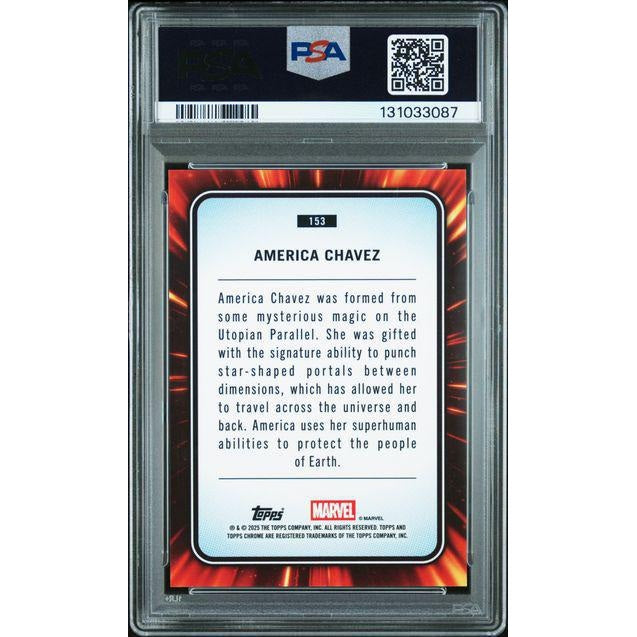 America Chavez 2025 Topps Chrome Marvel Blue & Red Spider-Web Refractor #153 – PSA 10 19/62