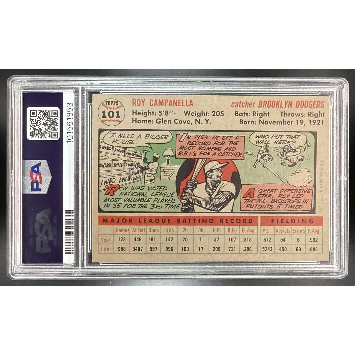 1956 Topps Baseball Roy Campanella Gray Back #101 PSA 3