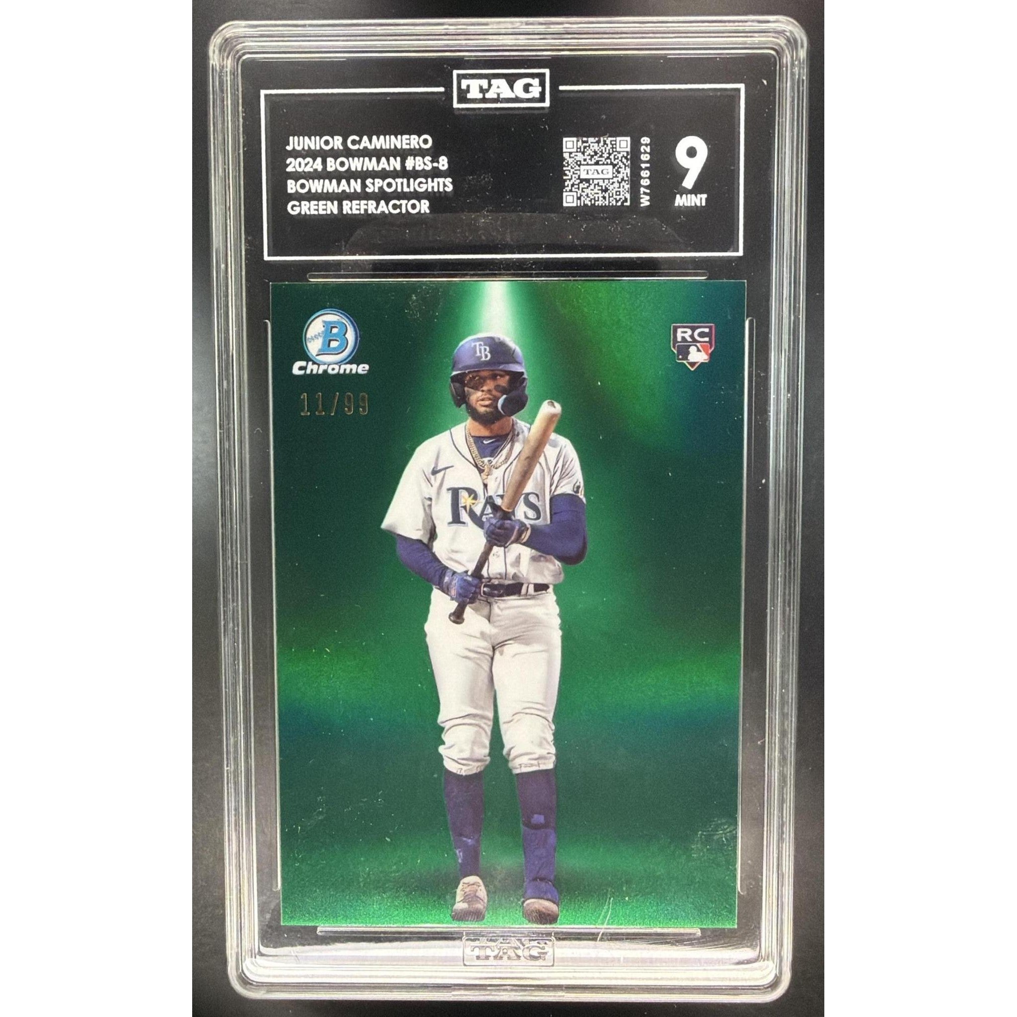 Junior Caminero 2024 Bowman Spotlights Green Refractor #BS-8 TAG 9 #11/99