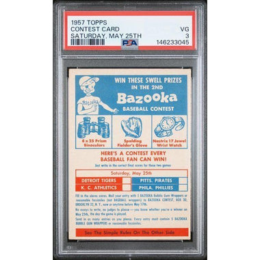 Contest Card 1957 Topps Saturday, May 25th PSA 3