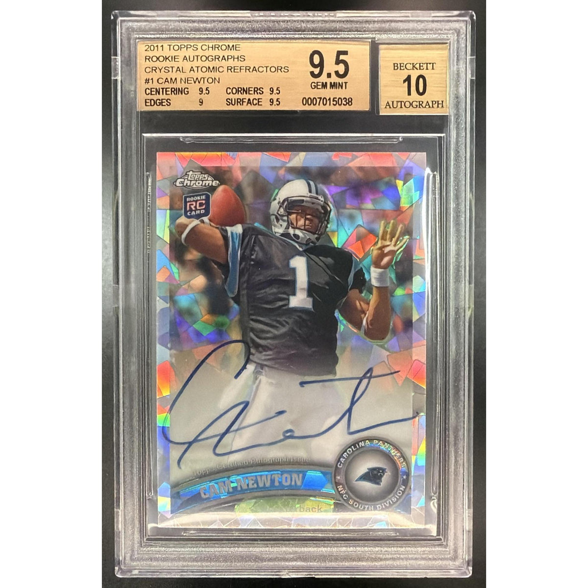 Front of 2011 Topps Chrome Cam Newton autograph refractor card