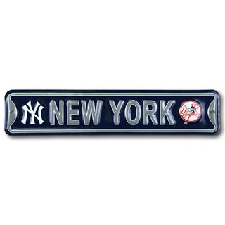 New York Yankees Double Logo Steel Embossed Mini Street Sign – 3.25" x 16" Official MLB Wall Décor