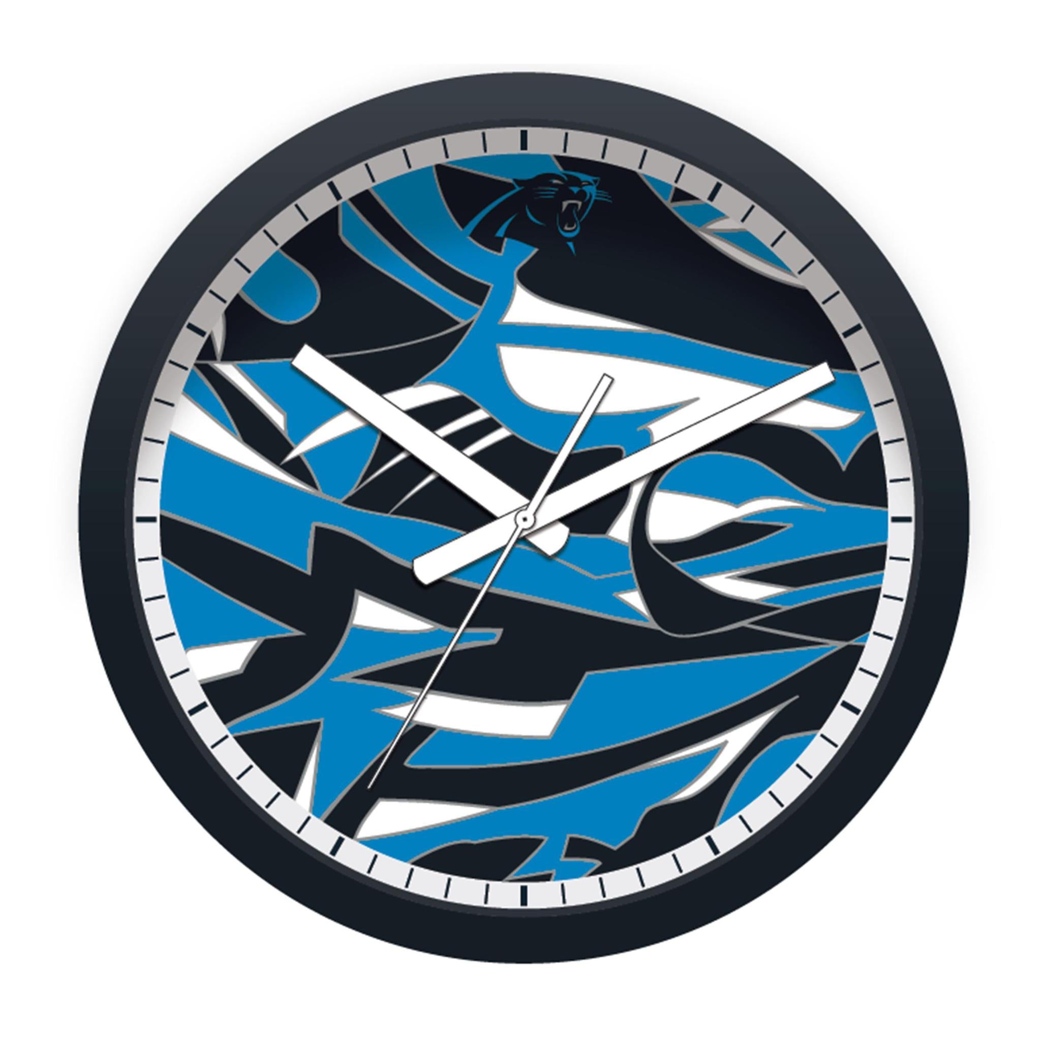Wall clock with blue and black abstract design on a white background