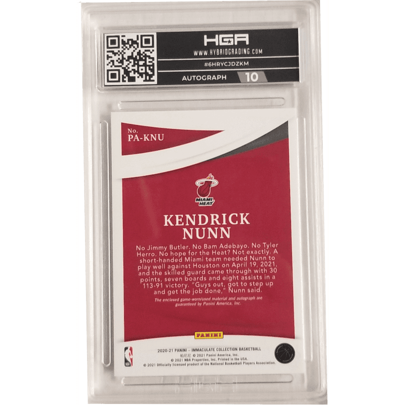 Kendrick Nunn: 2020-21 Panini Immaculate Patch Autographs Red #PA-KNU HGA 9.0
