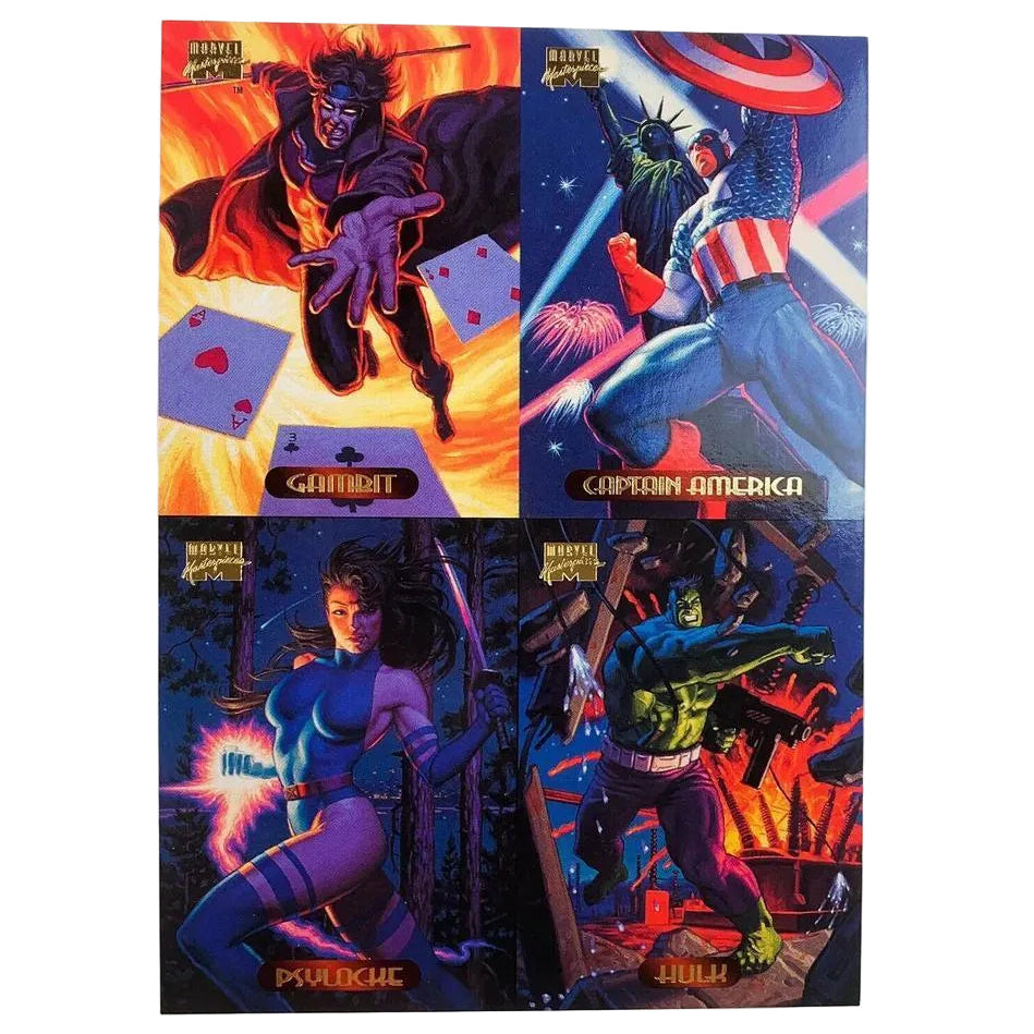 Marvel Masterpieces UN-CUT Ltd. Ed. Fleer Ultra X-Men '94 Cards Set of 4 Gambit, Captain America, Psyloghe, Hulk
