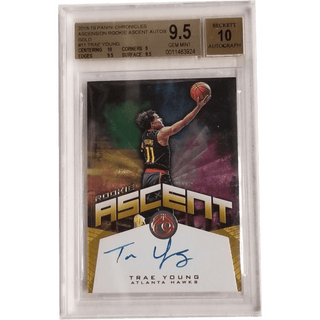 Trae Young: 2018-19 Panini Chronicles Ascension Rookie Ascent Autos Gold #11 Beckett 9.5