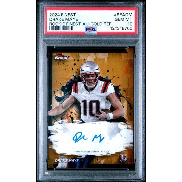 Drake Maye 2024 Topps Finest Rookie Gold Refractor Auto #RA-DM 14/50 PSA 10