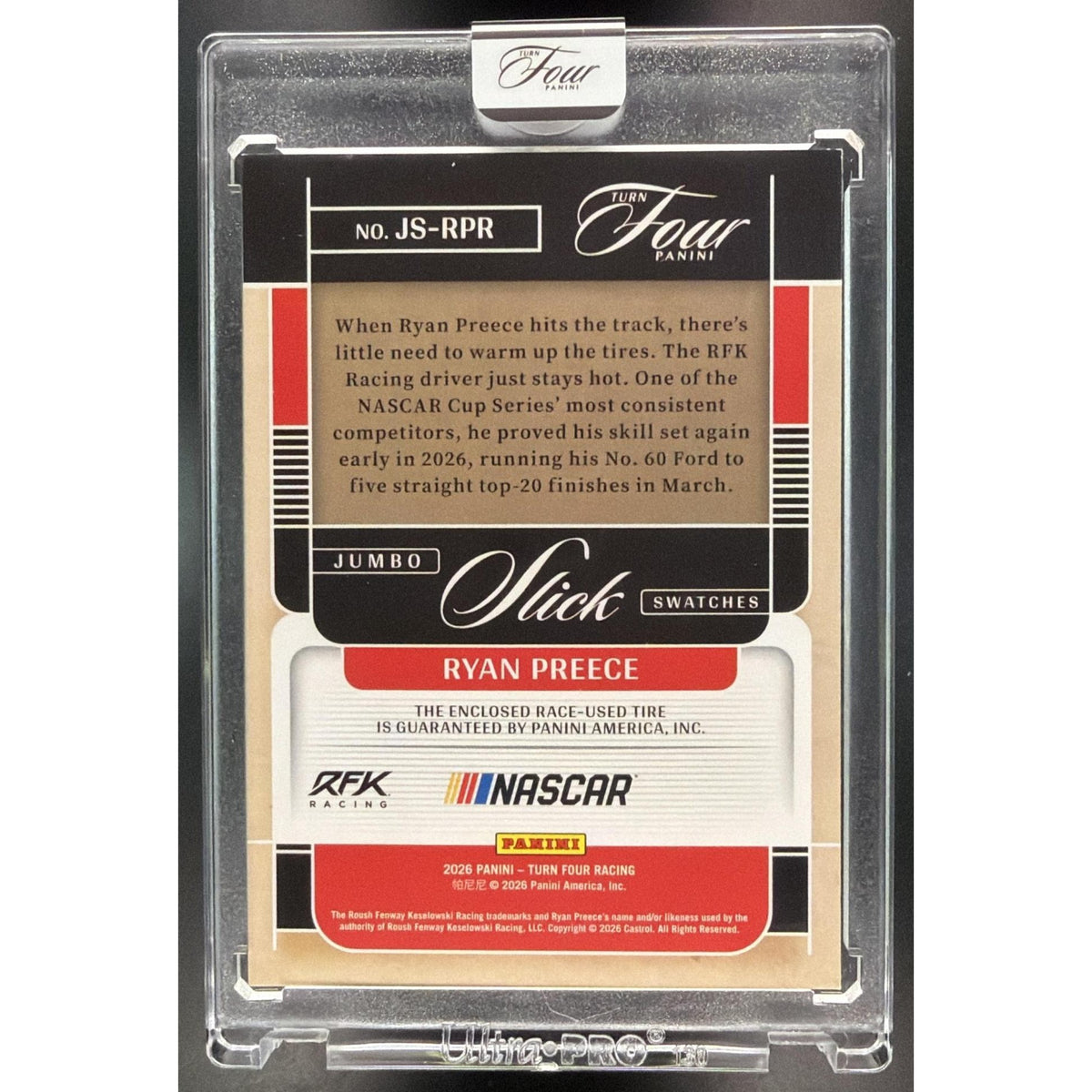 2026 Panini Four Racing Ryan Preece #JS-RPR Jumbo Slick Swatches 21/25 Non-Graded