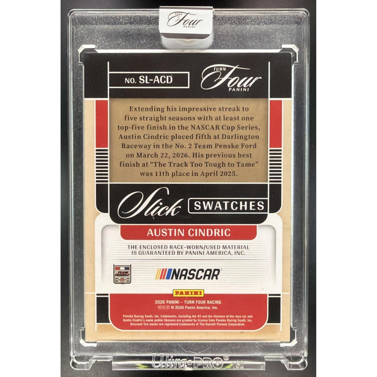 2026 Panini Four Racing Austin Cindric #SL-ACD Slick Swatches 10/10 Non-Graded