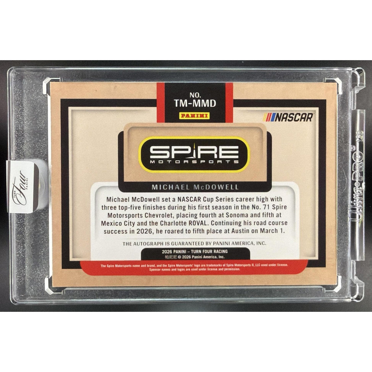 2026 Panini Four Racing Michael McDowell #TM-MMD Team Icons Signatures 36/99 Non-Graded
