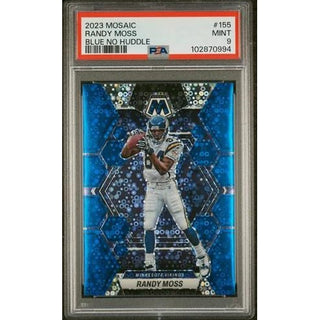 Randy Moss 2023 Panini Mosaic #155 Blue No Huddle PSA 9